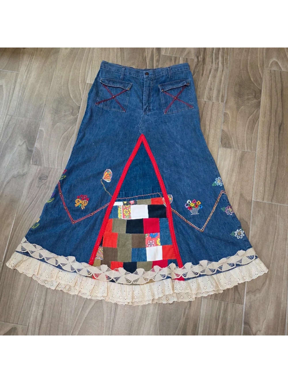 Handmade Denim Maxi Skirt Vintage Embroidered Patch Lace Hippie Boho Festival